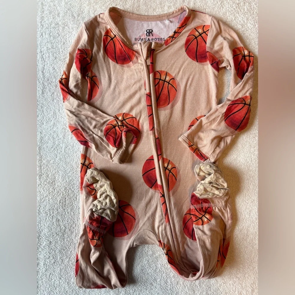 Bums & Roses Basketball Print One Piece Toddler Pajamas Bamboo Viscose. 18-24 Mo